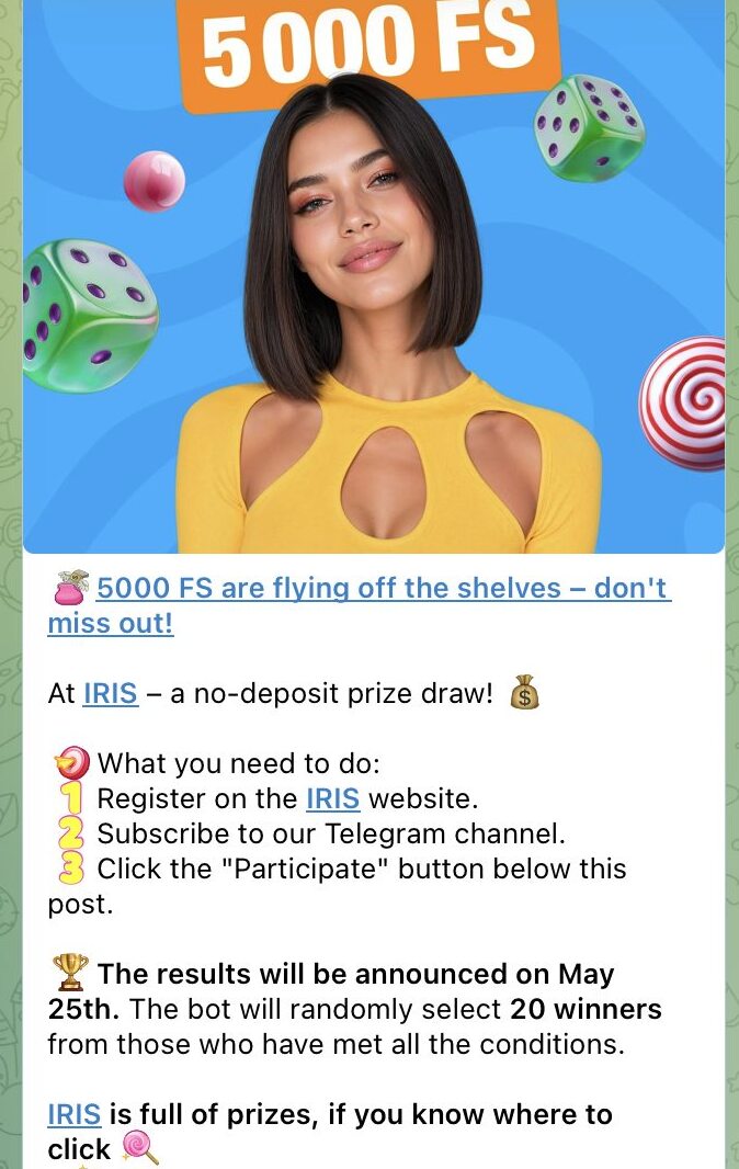 Telegram-Post von Iris Casino: Verlosung über 5.000 Freispiele ohne Einzahlung mit drei Teilnahmebedingungen und 20 Gewinnern per Zufallsziehung