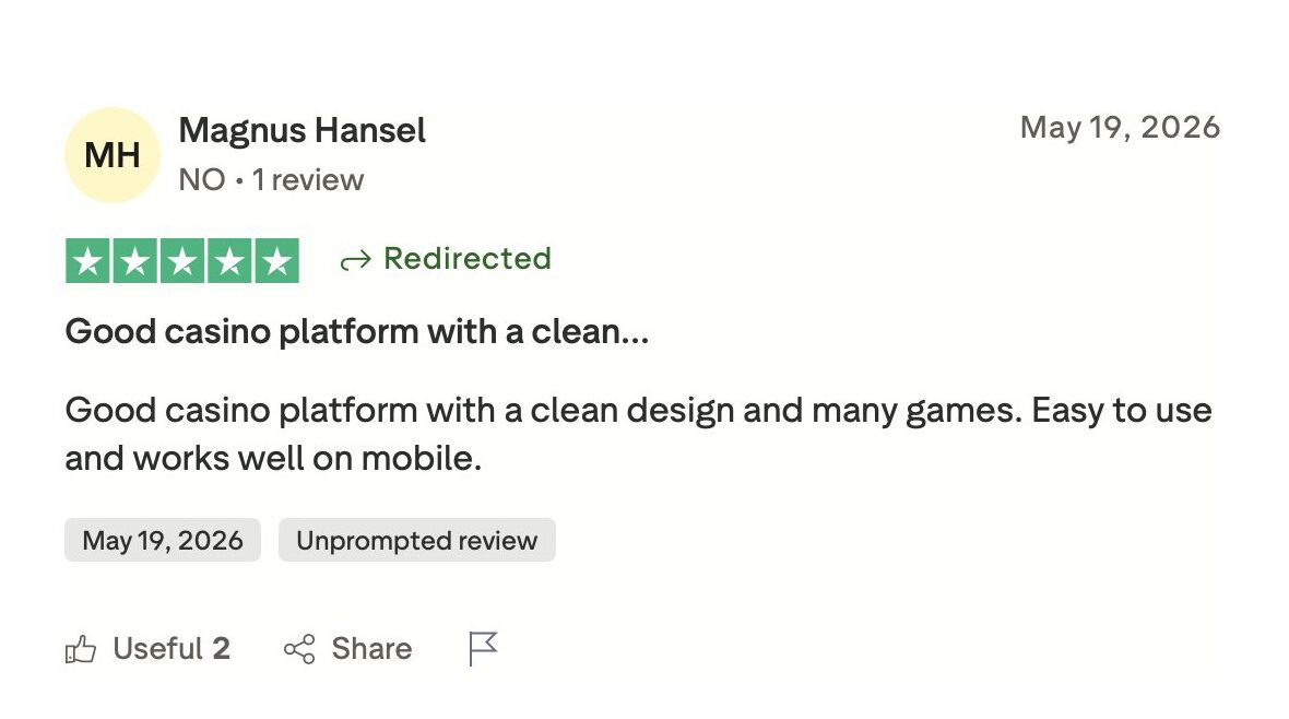 Positive Trustpilot-Bewertung mit 5 von 5 Sternen: Lob für Design, Spielauswahl und mobile Nutzung von Iris Casino