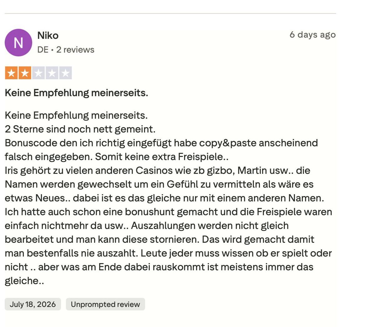 Trustpilot-Bewertung eines deutschen Spielers mit 2 von 5 Sternen: Kritik an Bonuscode-Aktivierung und Auszahlungsbearbeitung bei Iris Casino