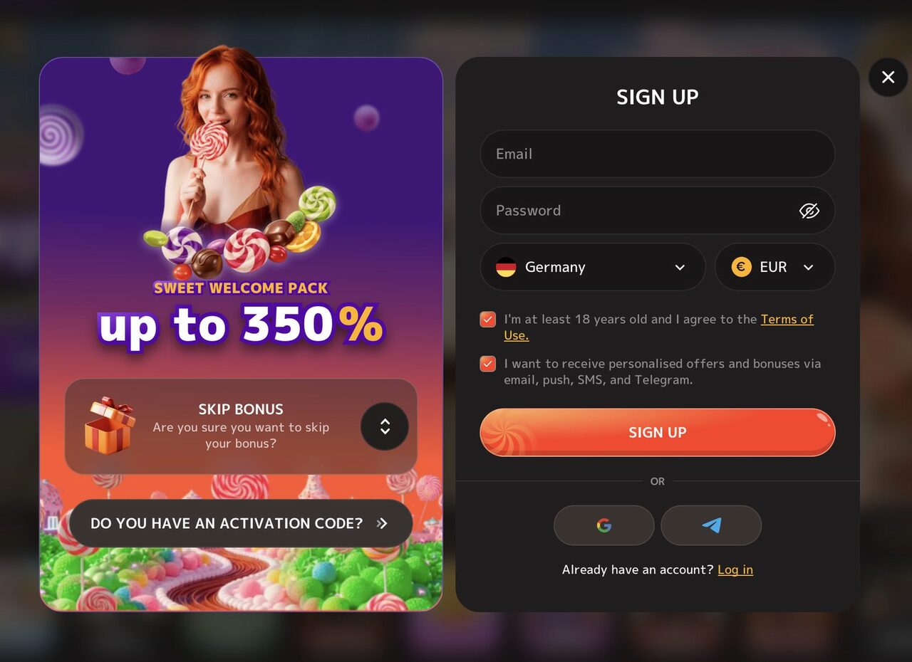 Registrierungsfenster von Iris Casino: links das Sweet Welcome Pack bis 350 %, rechts das Formular mit E-Mail, Passwort, Land Deutschland und Währung EUR