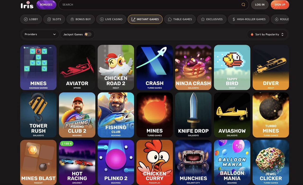 Instant Games bei Iris Casino mit Aviator von Spribe, Mines von Hacksaw Gaming, Chicken Road 2, Plinko 2 und weiteren Crash-Titeln