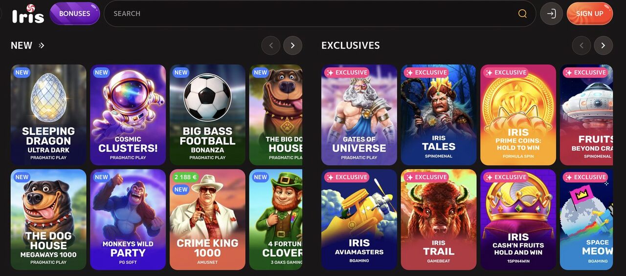 New- und Exclusives-Reihen bei Iris Casino mit Sleeping Dragon Ultra Dark, Cosmic Clusters, Gates of Universe, Iris Tales, Iris Prime Coins, Iris Aviamasters, Iris Trail und Space Meow