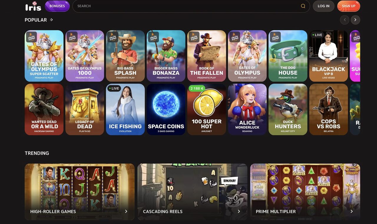 Spielelobby von Iris Casino mit der Popular-Reihe: Gates of Olympus, Big Bass Splash, der Live-Tisch Blackjack VIP B und die Trending-Sammlungen High-Roller Games, Cascading Reels und Prime Multiplier