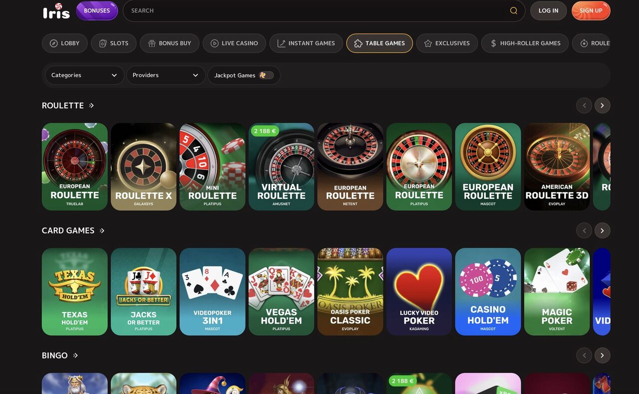 Tischspiele bei Iris Casino mit acht Roulette-Varianten, Kartenspielen wie Texas Hold'em und Jacks or Better sowie der Bingo-Sektion